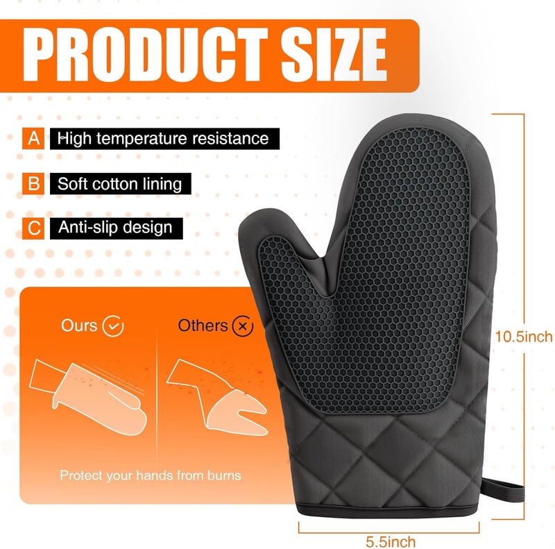 HSEEC Silicone Oven Mitts, Heat Resistant 2PCS Oven Mitts with Soft Cotton Lining, Waterproof Non-Slip Grip Oven Glove, Kitchen Potholder Mits for BBQ, Baking, Cooking, 10.5Inch - Dark Black - Image 2